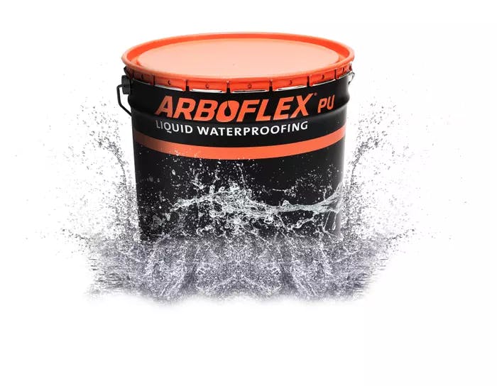A tub of Arboflex PU waterproofing membrane splashing in water